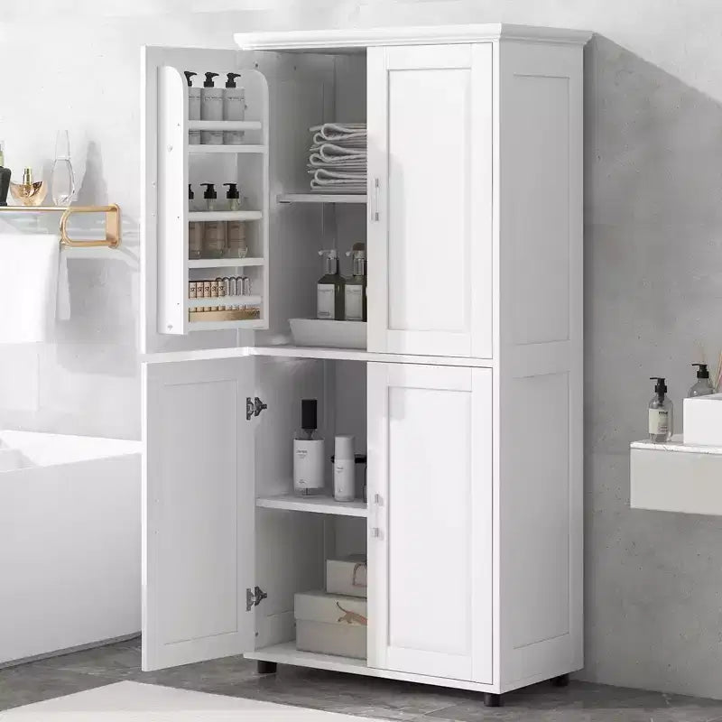 Meuble Colonne de Salle de Bain Autoportant Haut Large 4 Portes Étagères Réglables Blanc