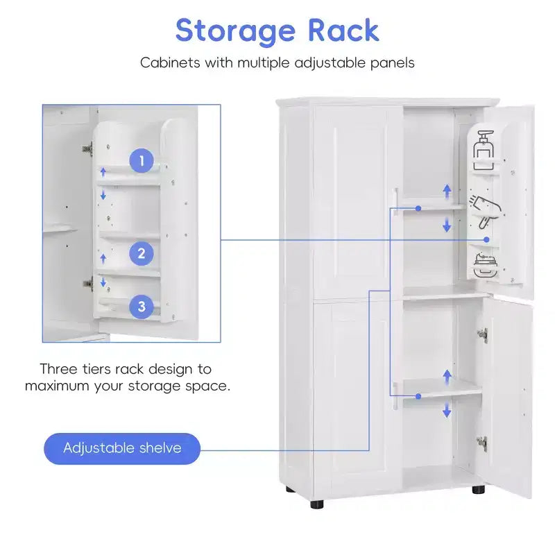 Meuble Colonne de Salle de Bain Autoportant Haut Large 4 Portes Étagères Réglables Blanc