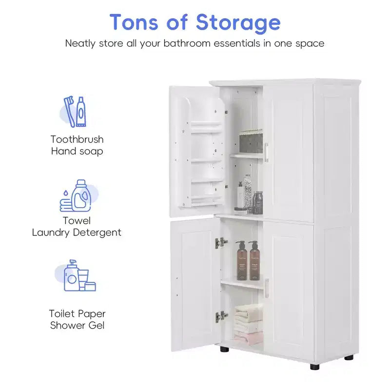 Meuble Colonne de Salle de Bain Autoportant Haut Large 4 Portes Étagères Réglables Blanc