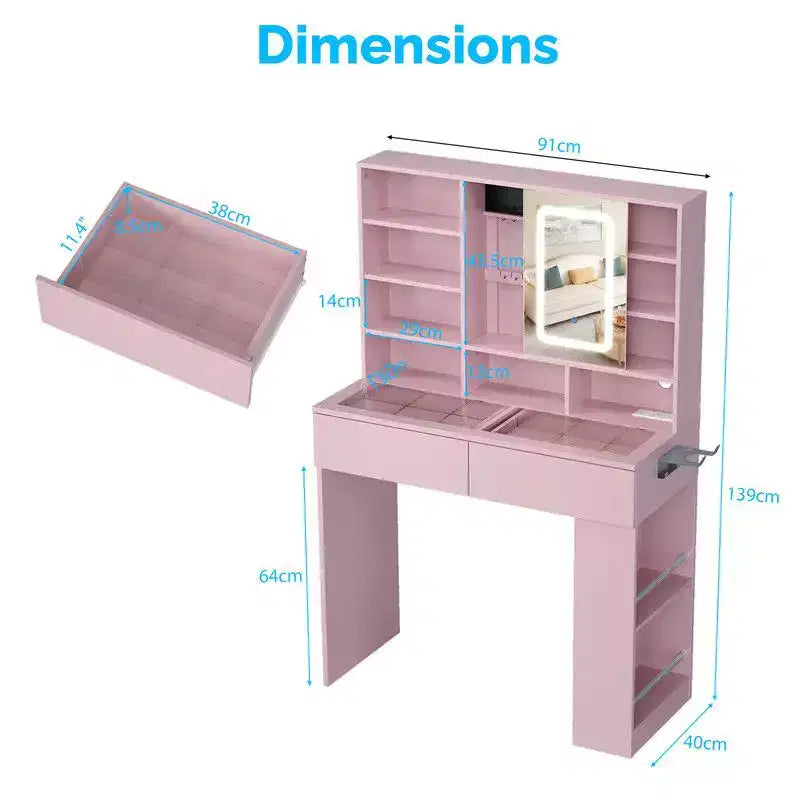 Coiffeuse blanche avec 2 tiroirs, 3 compartiments, étagère à 3 niveaux gauche-droite, plateau en verre et rangement latéral intégré