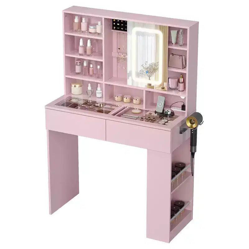 Coiffeuse blanche avec 2 tiroirs, 3 compartiments, étagère à 3 niveaux gauche-droite, plateau en verre et rangement latéral intégré