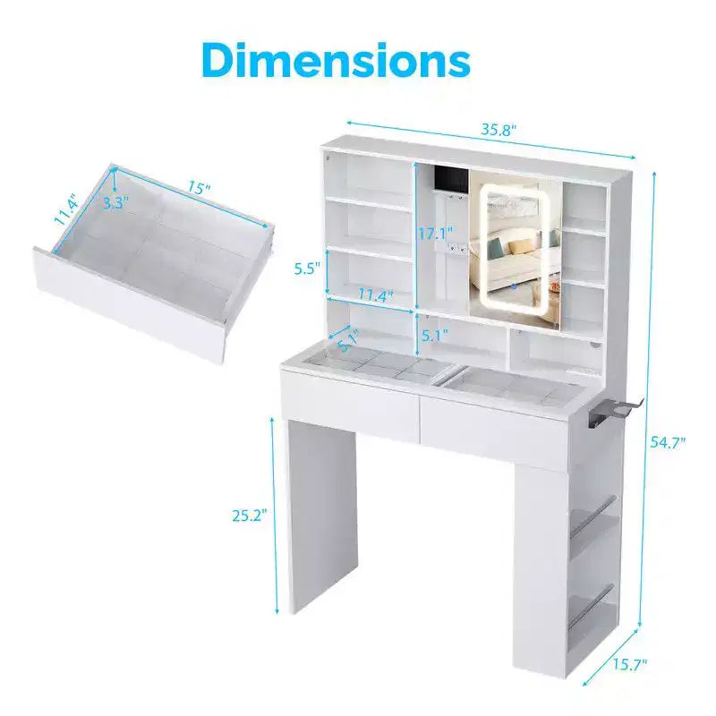 Coiffeuse blanche avec 2 tiroirs, 3 compartiments, étagère à 3 niveaux gauche-droite, plateau en verre et rangement latéral intégré
