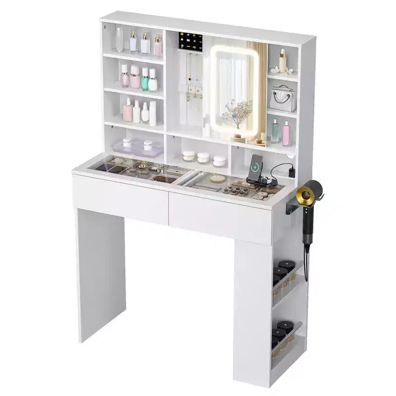 Coiffeuse blanche avec 2 tiroirs, 3 compartiments, étagère à 3 niveaux gauche-droite, plateau en verre et rangement latéral intégré