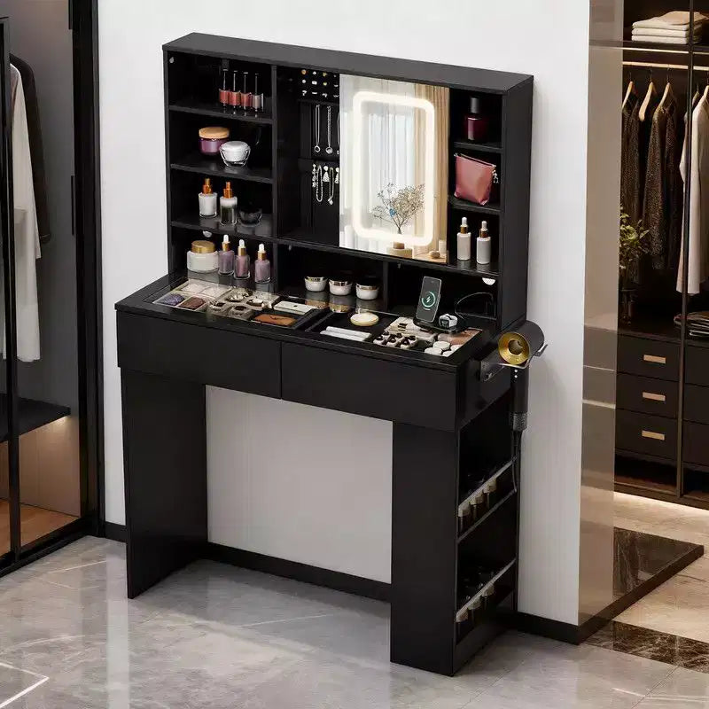 Coiffeuse blanche avec 2 tiroirs, 3 compartiments, étagère à 3 niveaux gauche-droite, plateau en verre et rangement latéral intégré