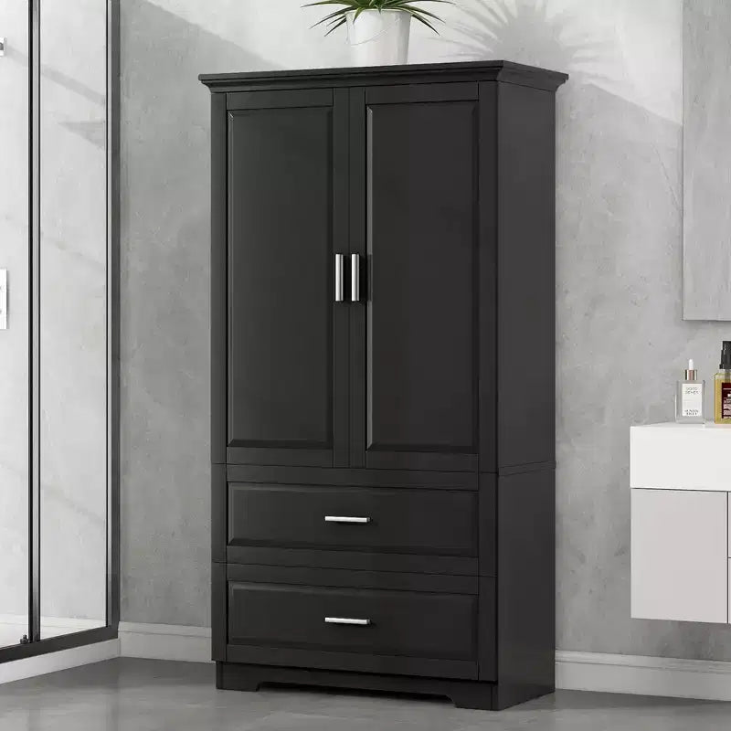 MAYEERTY Tall Bathroom Cabinet 2 Doors Drawers Adjustable Shelf MDF Black
