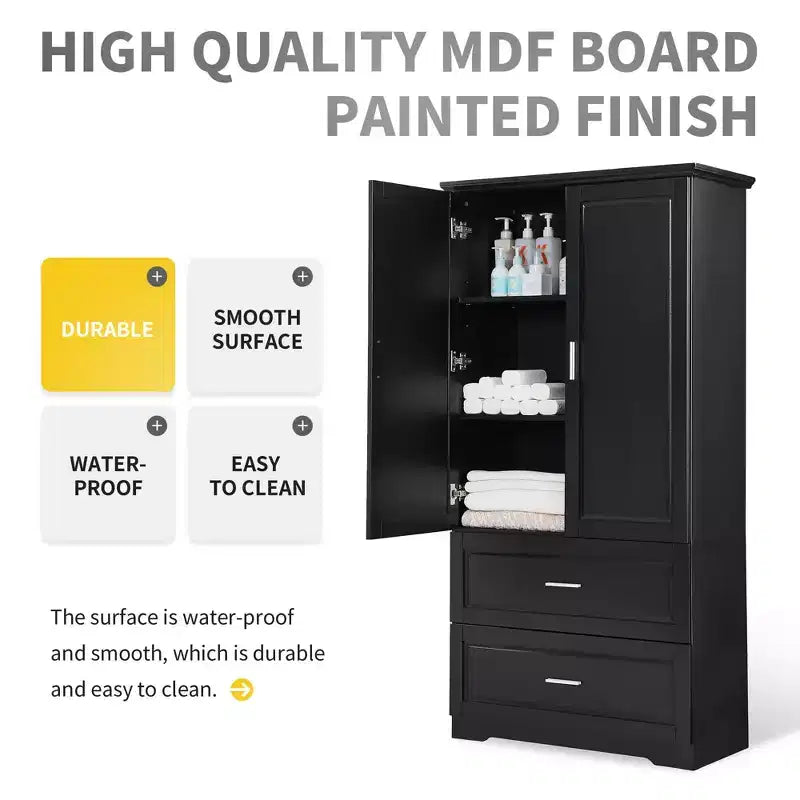 Meuble Haut de Salle de Bain 2 Portes Tiroirs Étagère Réglable MDF Noir