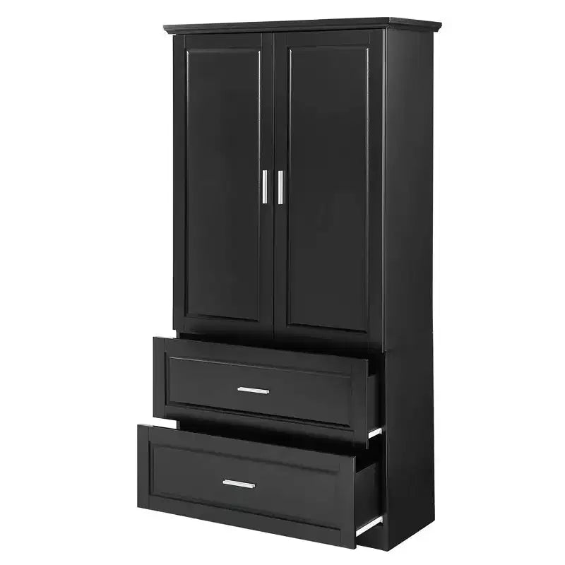 Meuble Haut de Salle de Bain 2 Portes Tiroirs Étagère Réglable MDF Noir