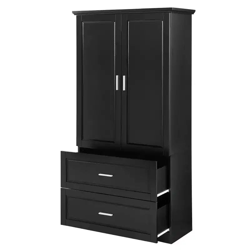 Meuble Haut de Salle de Bain 2 Portes Tiroirs Étagère Réglable MDF Noir