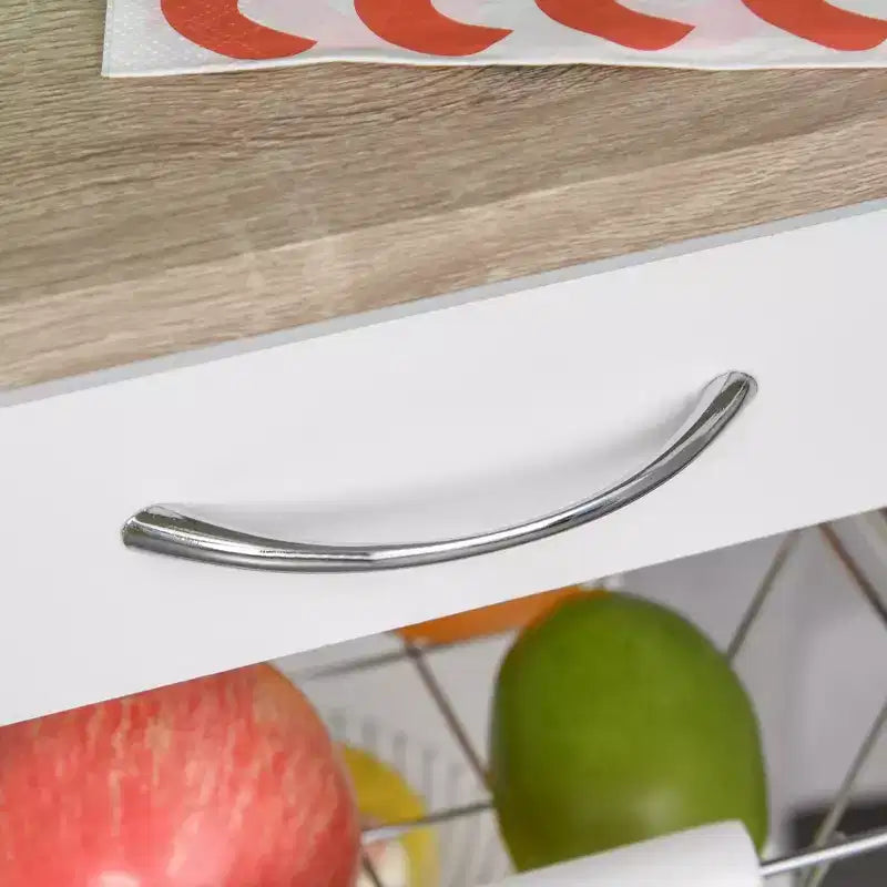 Desserte de cuisine mobile, îlot de cuisine roulant avec rangement, chariot de service à cadre en bois massif avec paniers à fruits en fil métallique, plateaux et tiroir