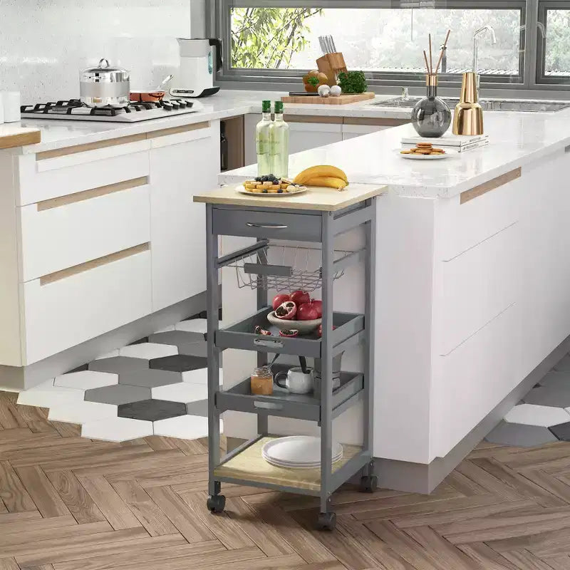 Desserte de cuisine mobile, îlot de cuisine roulant avec rangement, chariot de service à cadre en bois massif avec paniers à fruits en fil métallique, plateaux et tiroir