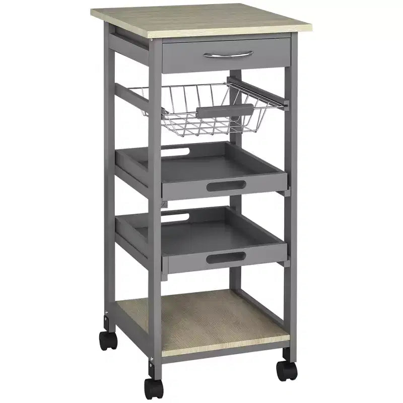 Mobile Kitchen Cart, Rolling Kitchen Island with Storage, Solid Wood Frame Utility Cart with Wire Fruit Baskets, Trays and Drawer