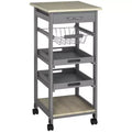 Mobile Kitchen Cart, Rolling Kitchen Island with Storage, Solid Wood Frame Utility Cart with Wire Fruit Baskets, Trays and Drawer