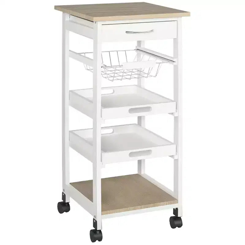 Desserte de cuisine mobile, îlot de cuisine roulant avec rangement, chariot de service à cadre en bois massif avec paniers à fruits en fil métallique, plateaux et tiroir