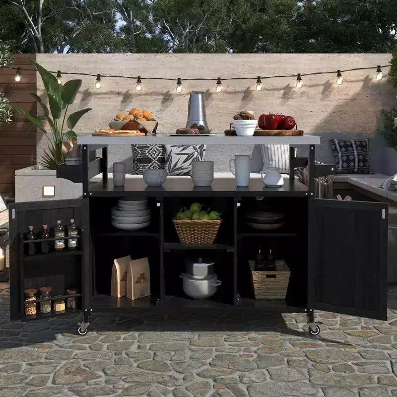 Îlot de cuisine extérieur noir de 50,25 pouces, Chariot de bar roulant en bois massif, Table de barbecue extérieure avec plateau en acier inoxydable