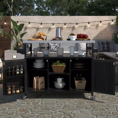 Îlot de cuisine extérieur noir de 50,25 pouces, Chariot de bar roulant en bois massif, Table de barbecue extérieure avec plateau en acier inoxydable