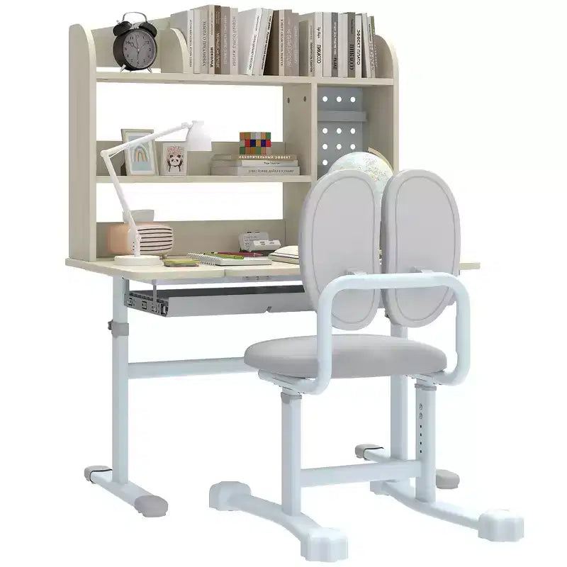Qaba Kids Desk and Chair Set, Height Adjustable Children Study Desk for Kids with Tiltable Desktop, Hutch and Storage Drawer for Ages 3-12, Gray