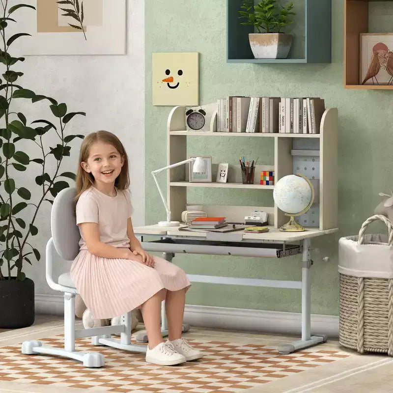 Chaise de Bureau Enfant Réglable en Hauteur, Bureau d'Étude pour Enfants avec Plateau Inclinable, Étagère et Tiroir de Rangement, pour Enfants de 3 à 12 Ans, Gris