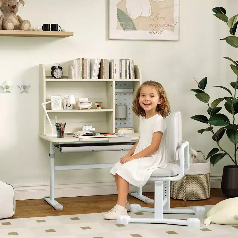 Chaise de Bureau Enfant Réglable en Hauteur, Bureau d'Étude pour Enfants avec Plateau Inclinable, Étagère et Tiroir de Rangement, pour Enfants de 3 à 12 Ans, Gris