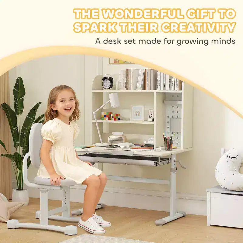 Chaise de Bureau Enfant Réglable en Hauteur, Bureau d'Étude pour Enfants avec Plateau Inclinable, Étagère et Tiroir de Rangement, pour Enfants de 3 à 12 Ans, Gris