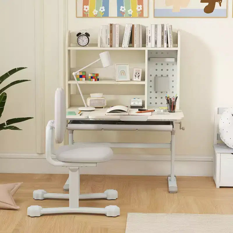 Chaise de Bureau Enfant Réglable en Hauteur, Bureau d'Étude pour Enfants avec Plateau Inclinable, Étagère et Tiroir de Rangement, pour Enfants de 3 à 12 Ans, Gris