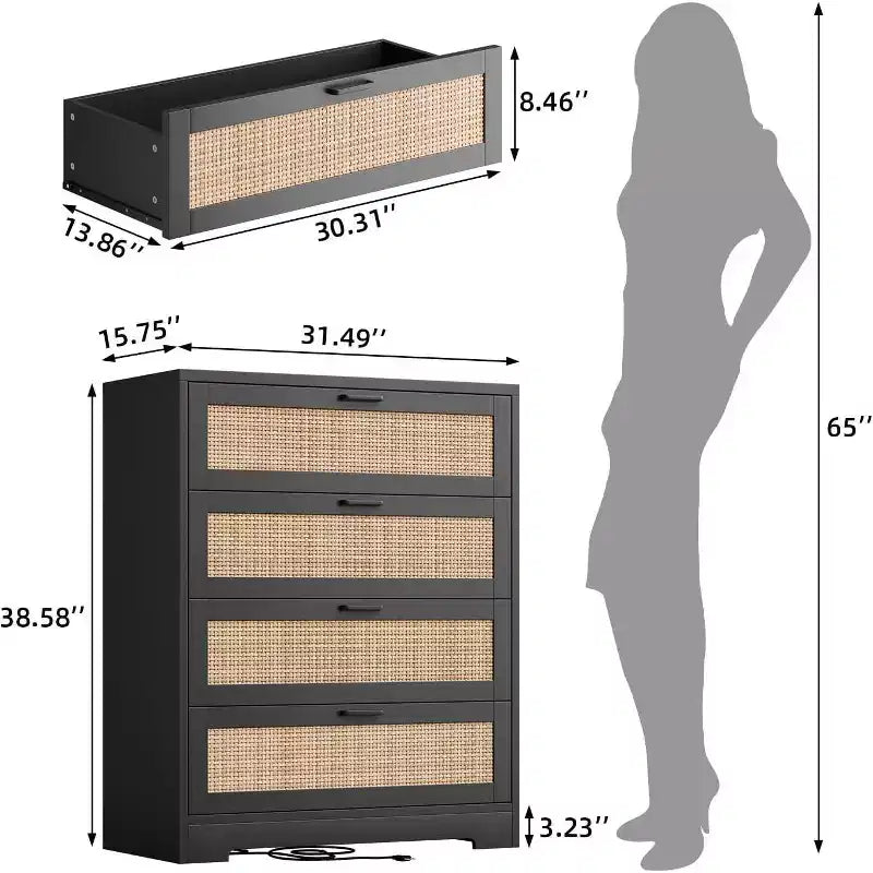 Commode 4 tiroirs façon rotin (MDF+PB), blanche avec prise, recharge pratique, rangement de petits objets pour chambre à coucher