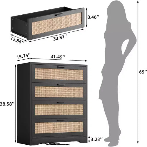 Commode 4 tiroirs façon rotin (MDF+PB), blanche avec prise, recharge pratique, rangement de petits objets pour chambre à coucher