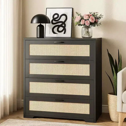4-Drawer Rattan-Like Chest of Drawers (MDF+PB), White with Socket, Convenient Charging, Small Item Storage for Bedroom