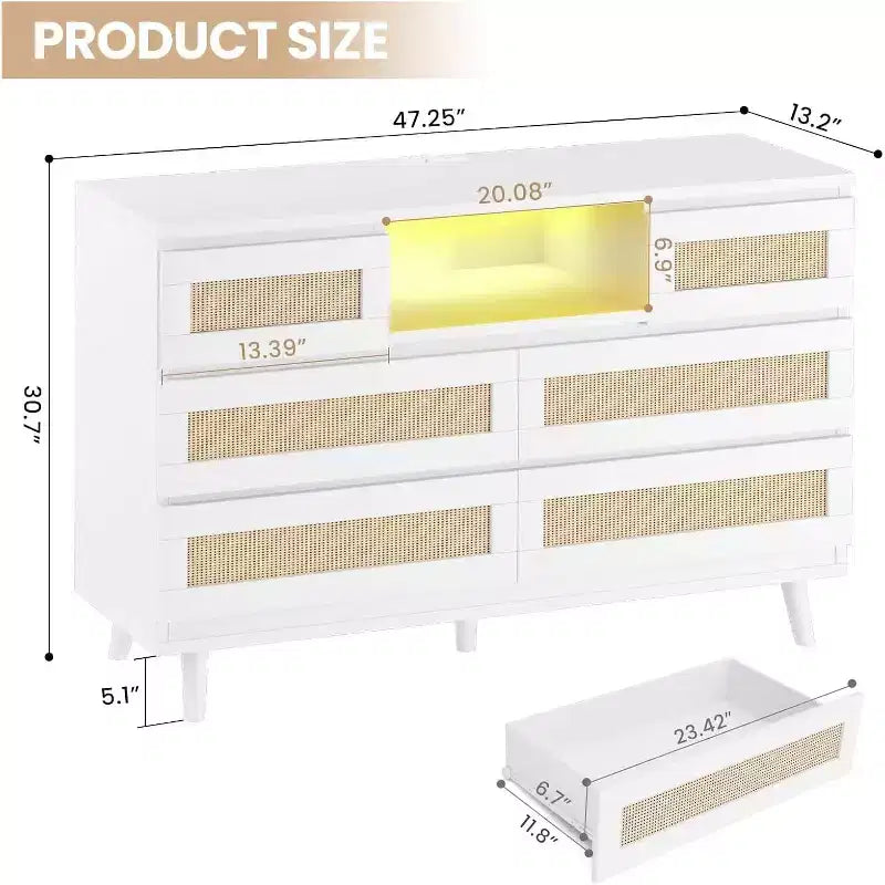 Commode en rotin à 6 tiroirs avec éclairage RGB et ports de chargement, meuble de rangement bohème pour chambre ou salon