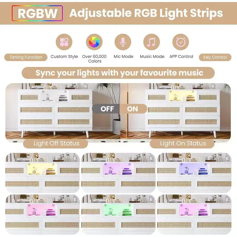 Commode en rotin à 6 tiroirs avec éclairage RGB et ports de chargement, meuble de rangement bohème pour chambre ou salon