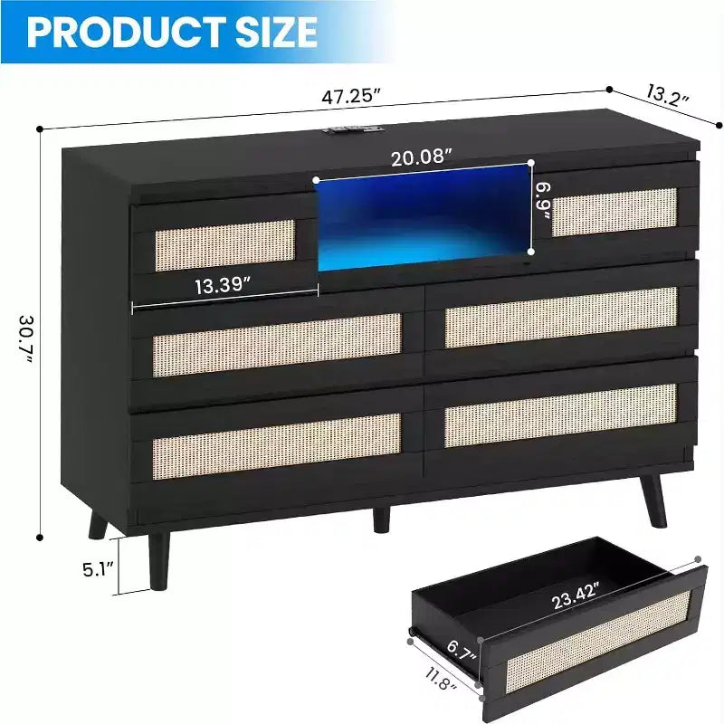 Commode en rotin à 6 tiroirs avec éclairage RGB et ports de chargement, meuble de rangement bohème pour chambre ou salon