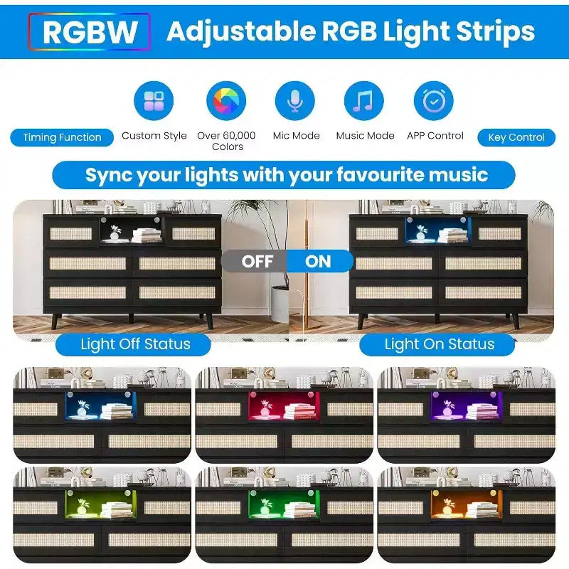 Commode en rotin à 6 tiroirs avec éclairage RGB et ports de chargement, meuble de rangement bohème pour chambre ou salon