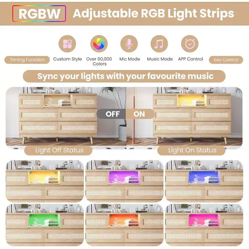 Commode en rotin à 6 tiroirs avec éclairage RGB et ports de chargement, meuble de rangement bohème pour chambre ou salon
