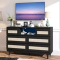 Acekool Rattan 6 Drawer Dresser with RGB Lighting and Charging Ports, Boho Storage Cabinet for Bedroom or Living Room