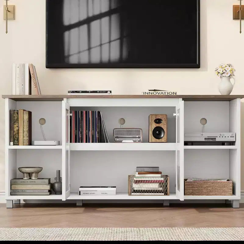 Meuble TV moderne de 65 pouces, meuble de divertissement semi-ouvert à double porte avec 8 compartiments de rangement et étagères pour salon