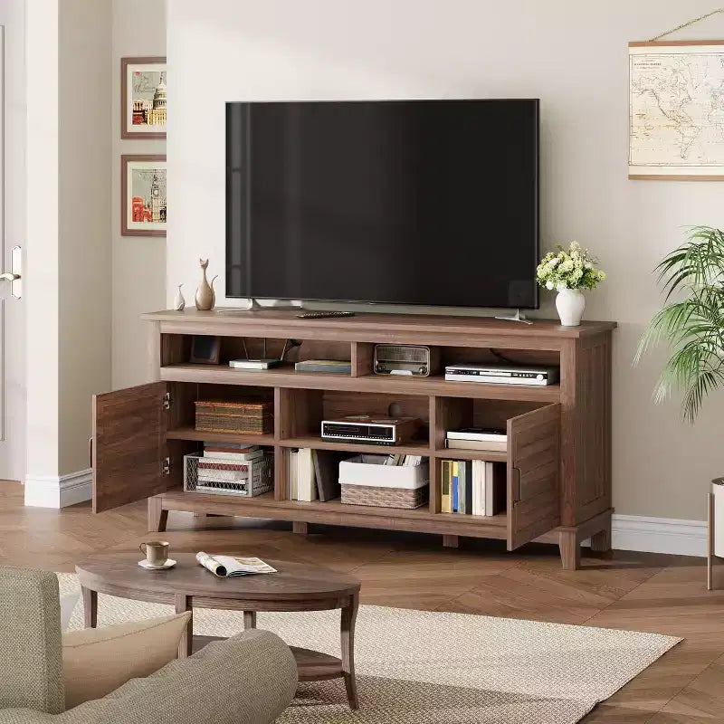 Meuble TV moderne de 65 pouces, meuble de divertissement semi-ouvert à double porte avec 8 compartiments de rangement et étagères pour salon
