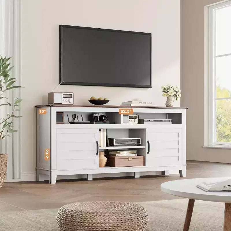 Meuble TV moderne de 65 pouces, meuble de divertissement semi-ouvert à double porte avec 8 compartiments de rangement et étagères pour salon