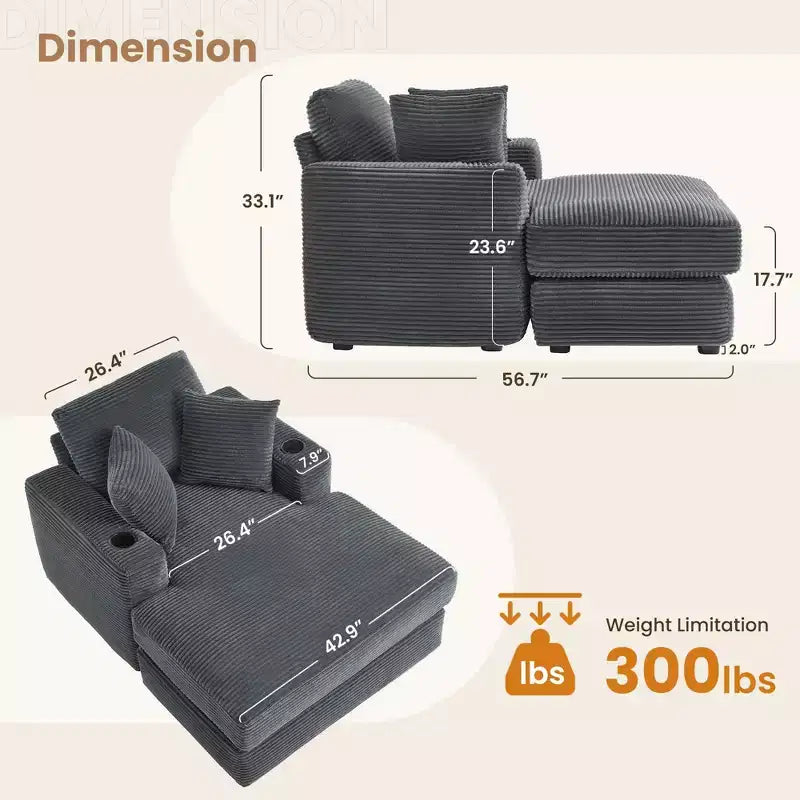 Canapé inclinable en velours côtelé avec pouf Fauteuil d'appoint moderne pour salon ou chambre à coucher