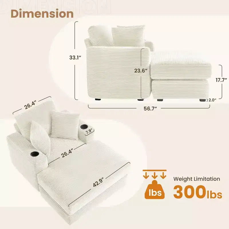 Canapé inclinable en velours côtelé avec pouf Fauteuil d'appoint moderne pour salon ou chambre à coucher