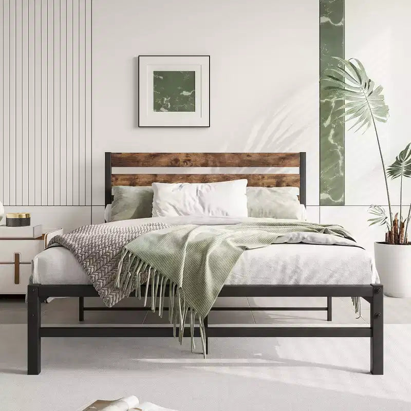 GDFStudio Ivar Modern Metal Platform Bed Frame with Wooden Headboard and Under Bed Storage