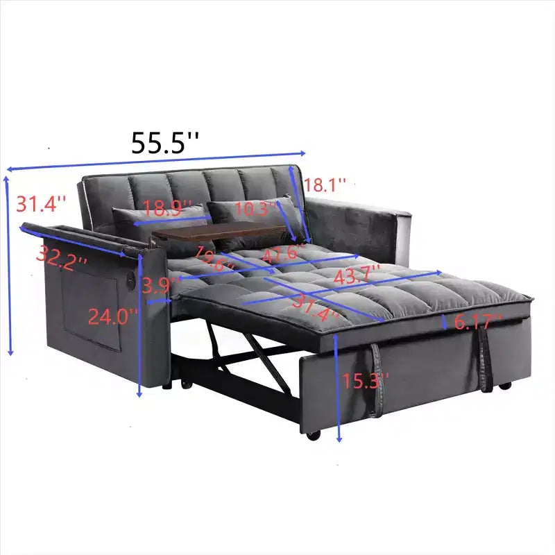 Canapé convertible 3 en 1, canapé double moderne en velours avec dossier réglable, sac de rangement et oreiller, bureau d'ordinateur portable noir dissimulé pour salon