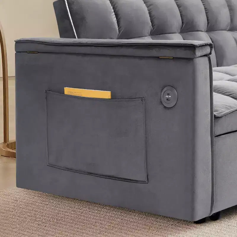 Canapé convertible 3 en 1, canapé double moderne en velours avec dossier réglable, sac de rangement et oreiller, bureau d'ordinateur portable noir dissimulé pour salon