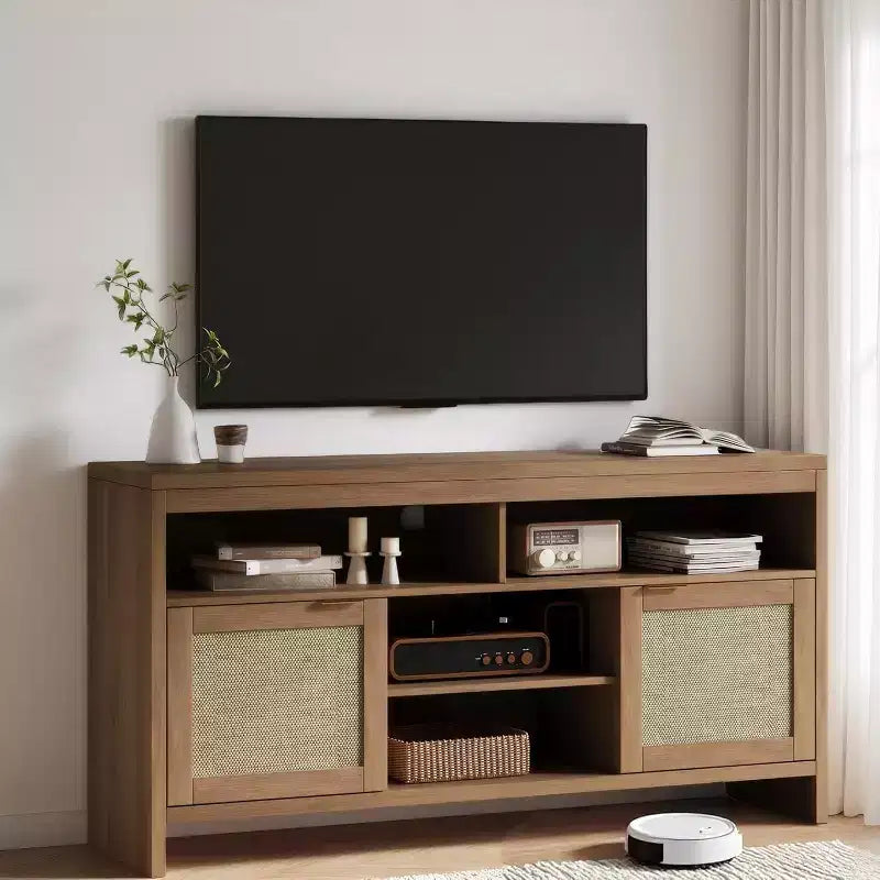 58 Inch Boho TV Stand for 65 Inch TVs, Rattan and Wood Tone Entertainment Center with Adjustable Shelves, Storage Cabinet with Doors for Living Room
