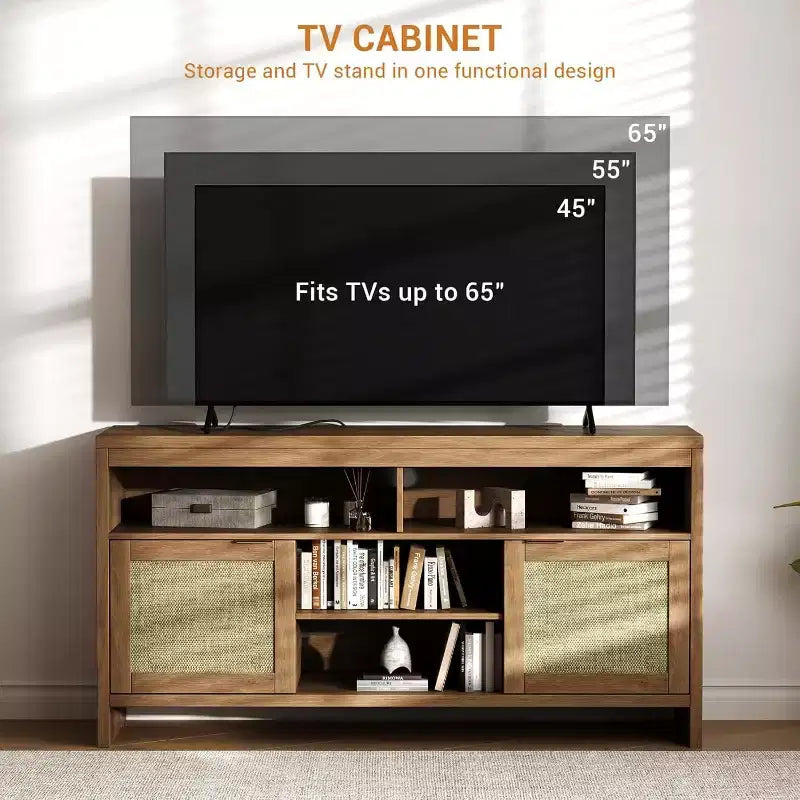 Meuble TV bohème de 58 pouces pour téléviseurs de 65 pouces, meuble de divertissement en rotin et bois avec étagères réglables, meuble de rangement avec portes pour salon