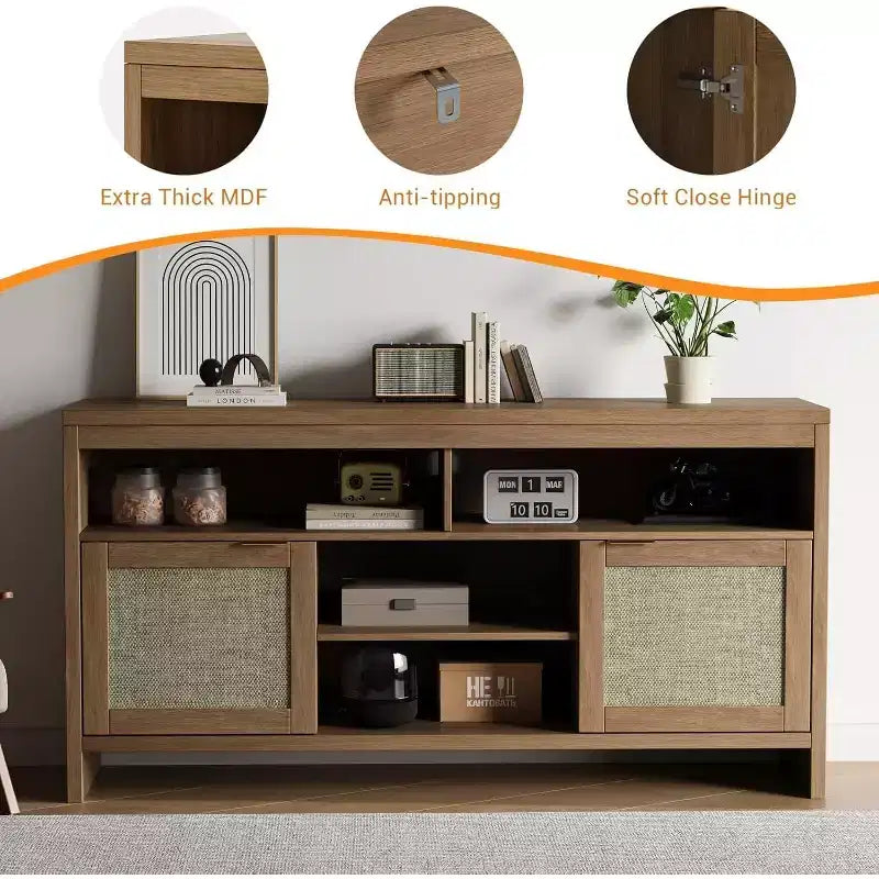 Meuble TV bohème de 58 pouces pour téléviseurs de 65 pouces, meuble de divertissement en rotin et bois avec étagères réglables, meuble de rangement avec portes pour salon