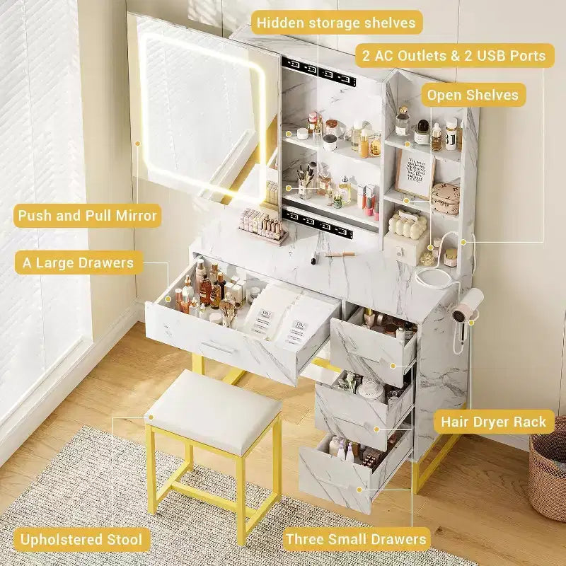 Coiffeuse Miroir Coulissant avec Miroir à Trois Modes, Station de Charge, Tiroirs et Tabouret pour Chambre à Coucher