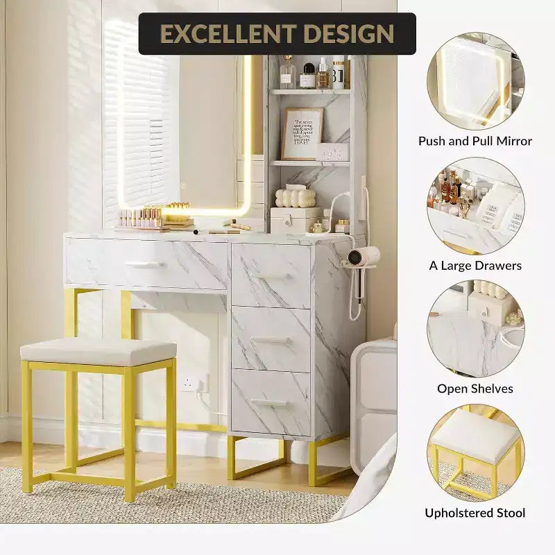Coiffeuse Miroir Coulissant avec Miroir à Trois Modes, Station de Charge, Tiroirs et Tabouret pour Chambre à Coucher
