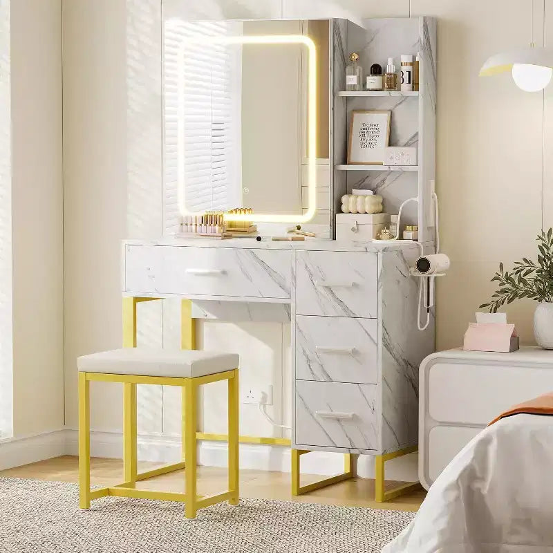 Coiffeuse Miroir Coulissant avec Miroir à Trois Modes, Station de Charge, Tiroirs et Tabouret pour Chambre à Coucher