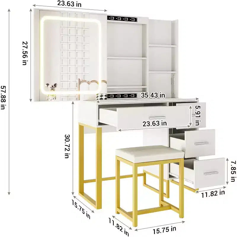 Coiffeuse Miroir Coulissant avec Miroir à Trois Modes, Station de Charge, Tiroirs et Tabouret pour Chambre à Coucher