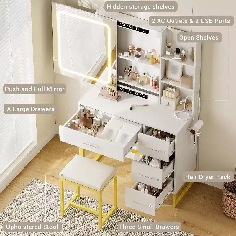 Coiffeuse Miroir Coulissant avec Miroir à Trois Modes, Station de Charge, Tiroirs et Tabouret pour Chambre à Coucher