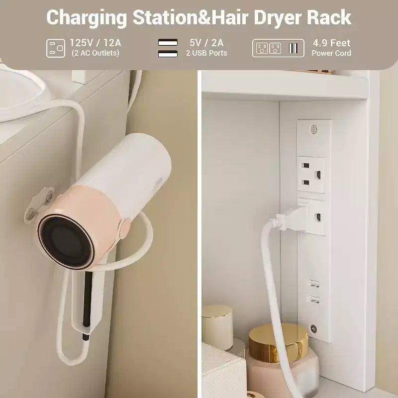 Coiffeuse Miroir Coulissant avec Miroir à Trois Modes, Station de Charge, Tiroirs et Tabouret pour Chambre à Coucher